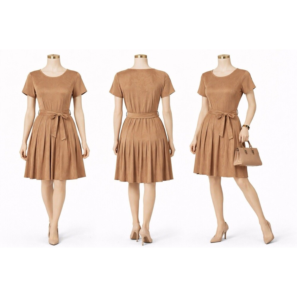 Elisabeth &Nicole Faux Suede Belted Dress XL Pleated Drop Waist Puff Sleeve Y2K